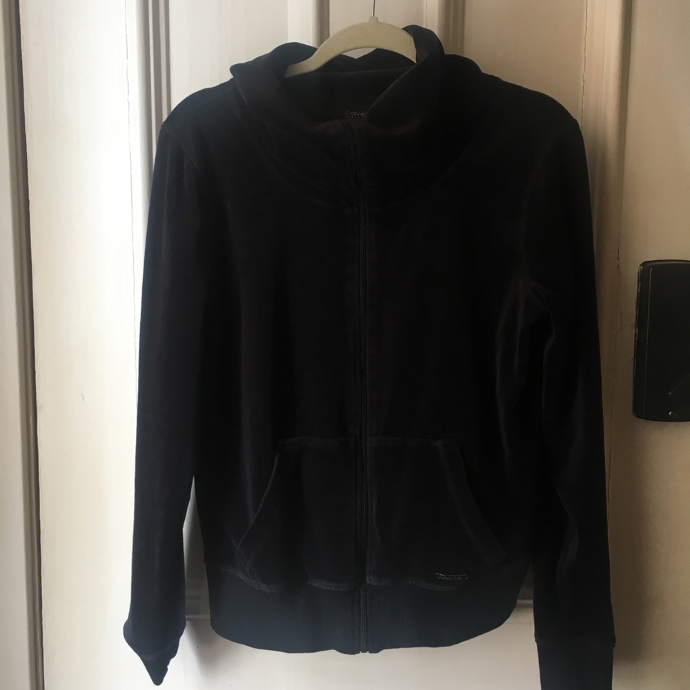 Calvin Klein Navy Blue Velvet Zip-Up Cowl Neck